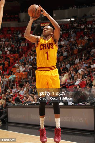 James Jones of the Cleveland Cavaliers shoots the ball against the Miami Heat during the game on March 4, 2017 at American Airlines Arena in Miami,...