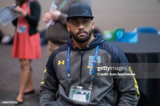 Brigham Young defensive end Harvey Langi answers questions from members of the media during the NFL Scouting Combine on March 4, 2017 at Lucas Oil...