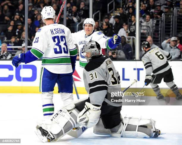 Bo Horvat of the Vancouver Canucks reacts to the goal of Henrik Sedin on Ben Bishop of the Los Angeles Kings during the first period at Staples...