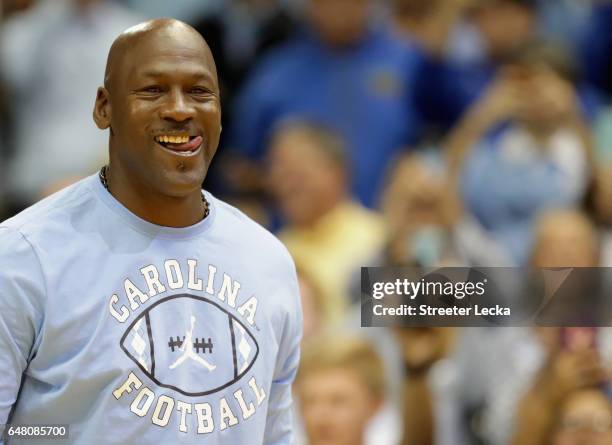 Michael Jordan speaks to the crowd at halftime during their game against the Duke Blue Devils at the Dean Smith Center on March 4, 2017 in Chapel...
