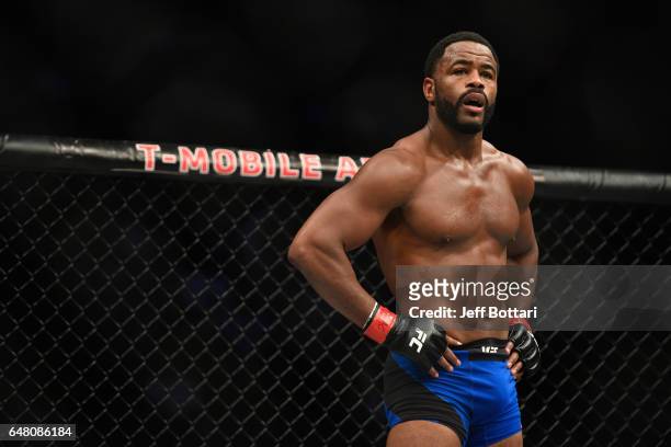 Rashad Evans waits for the start of round three against Daniel Kelly of Australia in their middleweight bout during the UFC 209 event at T-Mobile...