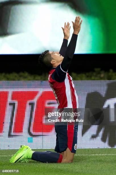 Alan Pulido of Chivas celebrates after scoring his team's first goal during the 9th round match between Chivas and Toluca as part of the Torneo...