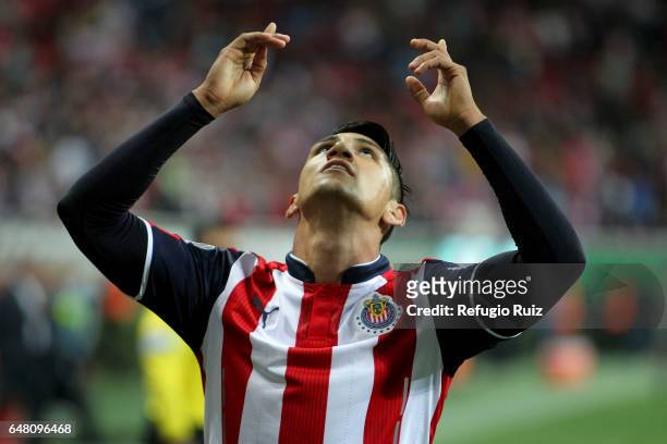 Alan Pulido of Chivas celebrates after scoring his team's second goal during the 9th round match between Chivas and Toluca as part of the Torneo...