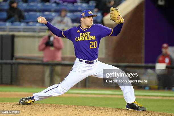 East Carolina pitcher Tyler Smith pitches in a game between the St. John"s Red Storm and the East Carolina Pirates during the Keith LeClair Classic...