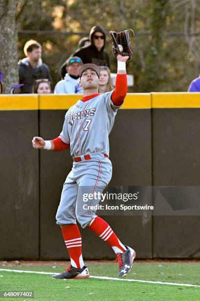 St. John's outfielder Michael Donadio makes a catch in left field in a game between the St. John"s Red Storm and the East Carolina Pirates during the...