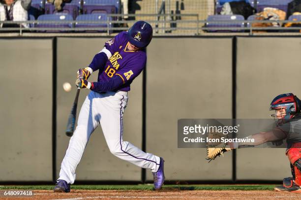 East Carolina outfielder Bryant Packard pops up in a game between the St. John"s Red Storm and the East Carolina Pirates during the Keith LeClair...