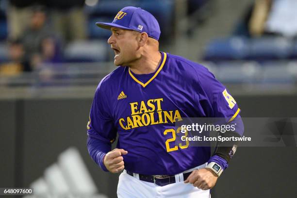 East Carolina head coach Cliff Godwin reacts to being ejected in a game between the St. John"s Red Storm and the East Carolina Pirates during the...