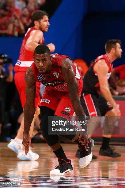 Casey Prather of the Wildcats celebrates a basket during game three of the NBL Grand Final series between the Perth Wildcats and the Illawarra Hawks...