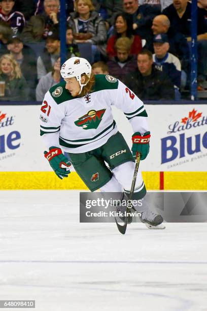 Ryan White of the Minnesota Wild skates after the puck during the game against the Columbus Blue Jackets on March 2, 2017 at Nationwide Arena in...