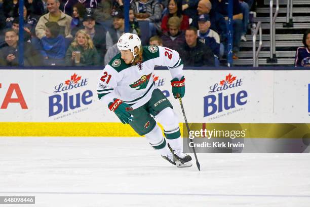 Ryan White of the Minnesota Wild skates after the puck during the game against the Columbus Blue Jackets on March 2, 2017 at Nationwide Arena in...