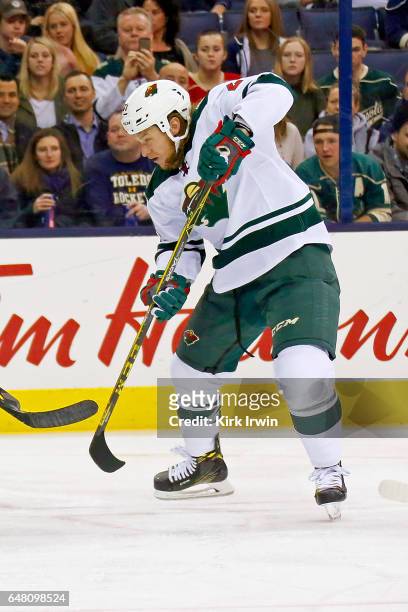 Ryan White of the Minnesota Wild skates after the puck during the game against the Columbus Blue Jackets on March 2, 2017 at Nationwide Arena in...