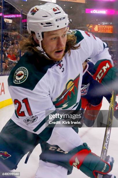 Ryan White of the Minnesota Wild skates after the puck during the game against the Columbus Blue Jackets on March 2, 2017 at Nationwide Arena in...