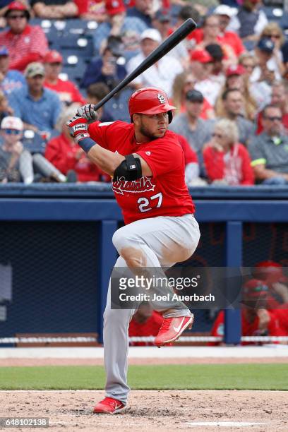Jhonny Peralta of the St Louis Cardinals bats against the Washington Nationals in the fourth inning during a spring training game at The Ballpark of...