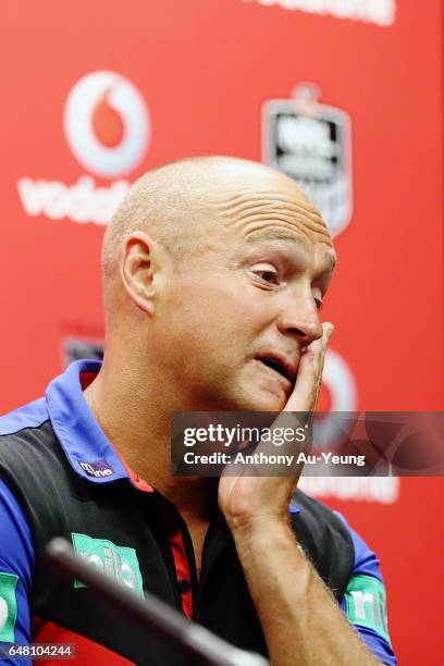 Head Coach Nathan Brown of the Knights talks to the media after the round one NRL match between the New Zealand Warriors and the Newcastle Knights at...