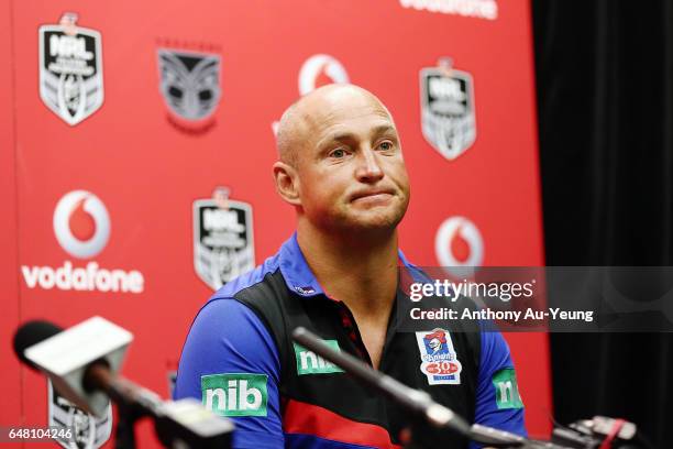 Head Coach Nathan Brown of the Knights talks to the media after the round one NRL match between the New Zealand Warriors and the Newcastle Knights at...