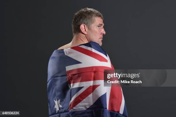 Daniel Kelly of Australia poses for a portrait backstage after his victory over Rashad Evans during the UFC 209 event at T-Mobile Arena on March 4,...