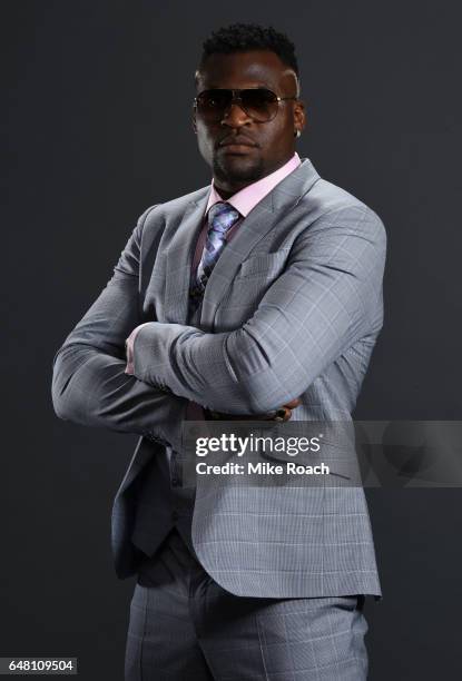 Heavyweight fighter Francis Ngannou poses for a portrait backstage during the UFC 209 event at T-Mobile Arena on March 4, 2017 in Las Vegas, Nevada.