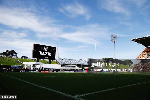 General view is seen as the crowd number is shown on the new giant screen during the round one NRL match between the New Zealand Warriors and the...