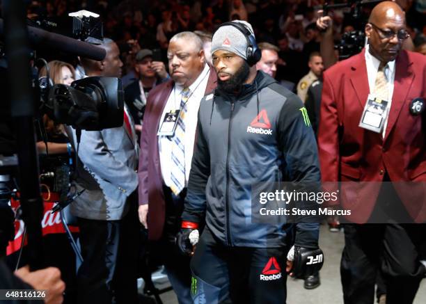 Welterweight champion Tyron Woodley arrives for his fight against Stephen Thompson during UFC 209 on March 4, 2017 in Las Vegas, Nevada. Woodley...