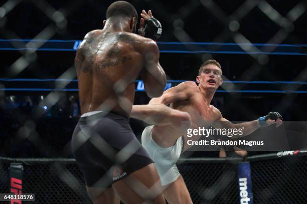 Stephen Thompson kicks Tyron Woodley in their welterweight championship bout during the UFC 209 event at T-Mobile arena on March 4, 2017 in Las...