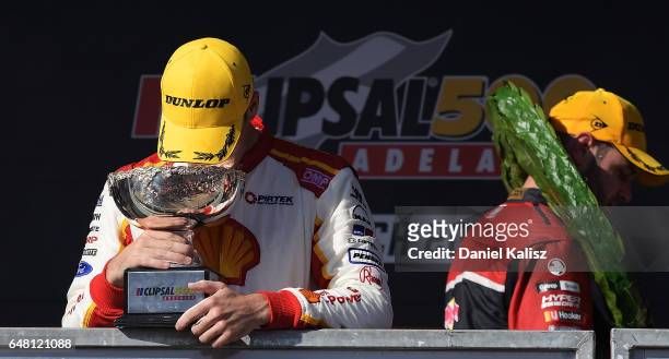 Scott McLaughlin driver of the Shell V-Power Racing Team Ford Falcon FGX reacts after finishing second during race 2 for the Clipsal 500, which is...