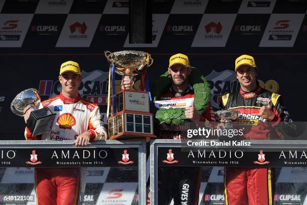 2nd place Scott McLaughlin driver of the Shell V-Power Racing Team Ford Falcon FGX, 1st place Shane Van Gisbergen driver of the Red Bull Holden...