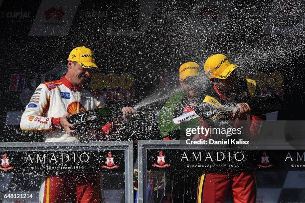 2nd place Scott McLaughlin driver of the Shell V-Power Racing Team Ford Falcon FGX, 1st place Shane Van Gisbergen driver of the Red Bull Holden...