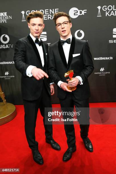Heiko Lochmann and his brother Roman Lochmann alias 'Die Lochis' arrive for the Goldene Kamera on March 4, 2017 in Hamburg, Germany.