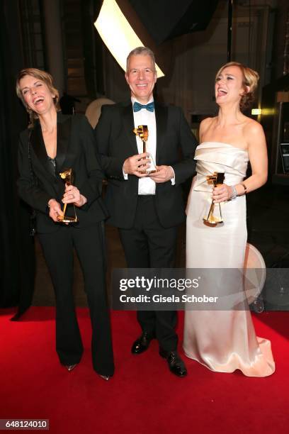 Marietta Slomka, Peter Kloeppel and Caren Miosga with award during the Goldene Kamera after show party at Messe Hamburg on March 4, 2017 in Hamburg,...