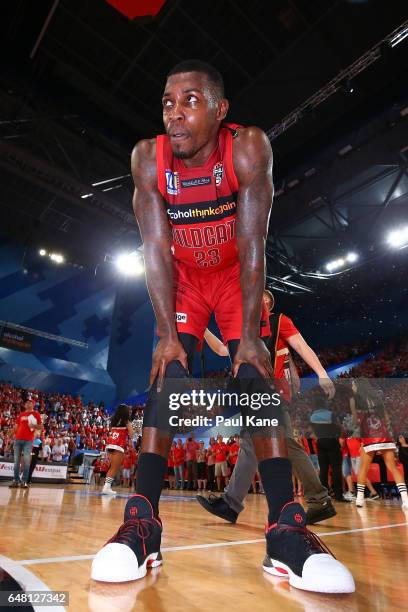 Casey Prather of the Wildcats looks on after winning game three and the NBL Grand Final series between the Perth Wildcats and the Illawarra Hawks at...