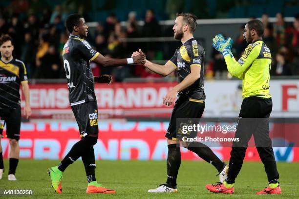 Joher Khadim Rassoul midfielder of Sporting Lokeren with Mijat Maric defender of Sporting Lokeren and Barry Boubacar Copa goalkeeper of Sporting...