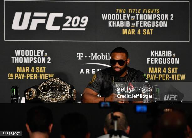 Welterweight champion Tyron Woodley attends the UFC 209 press event at T-Mobile arena on March 4, 2017 in Las Vegas, Nevada.