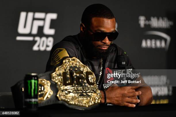 Welterweight champion Tyron Woodley attends the UFC 209 press event at T-Mobile arena on March 4, 2017 in Las Vegas, Nevada.