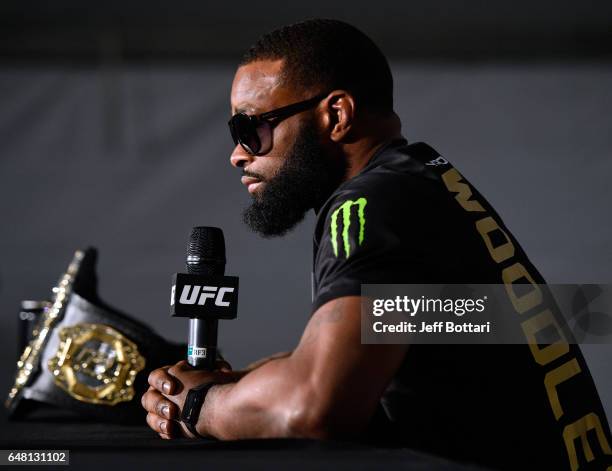 Welterweight champion Tyron Woodley attends the UFC 209 press event at T-Mobile arena on March 4, 2017 in Las Vegas, Nevada.