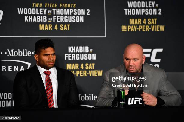 Alistair Overeem of the Netherlands and UFC President Dana White attend the UFC 209 press event at T-Mobile arena on March 4, 2017 in Las Vegas,...