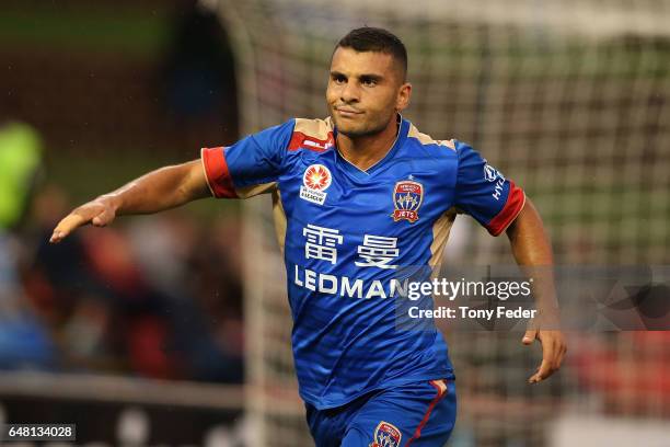 Andrew Nabbout of the Jets celebrates a goal during the round 22 A-League match between the Newcastle Jets and the Brisbane Roar at McDonald Jones...