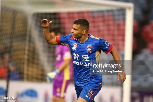 Andrew Nabbout of the Jets celebrates a goal during the round 22 A-League match between the Newcastle Jets and the Brisbane Roar at McDonald Jones...