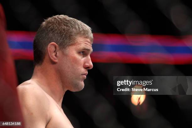 Daniel Kelly of Australia waits for the start of his middleweight fight against Rashad Evans during UFC 209 at T-Mobile Arena on March 4, 2017 in Las...