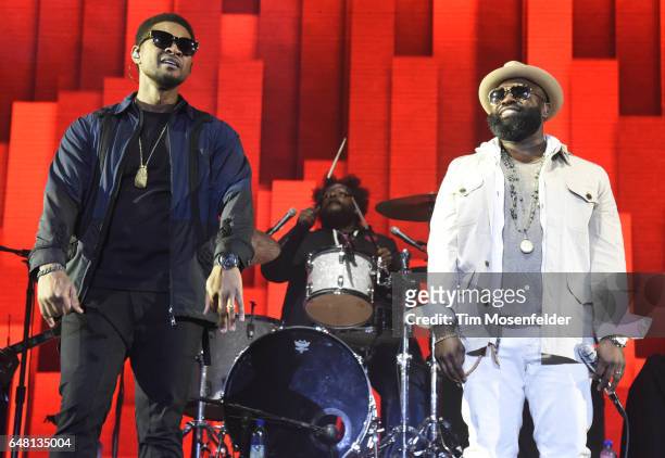 Usher and Black Thought of Usher & The Roots perform during the Okeechobee Music Festival on March 4, 2017 in Okeechobee, Florida.