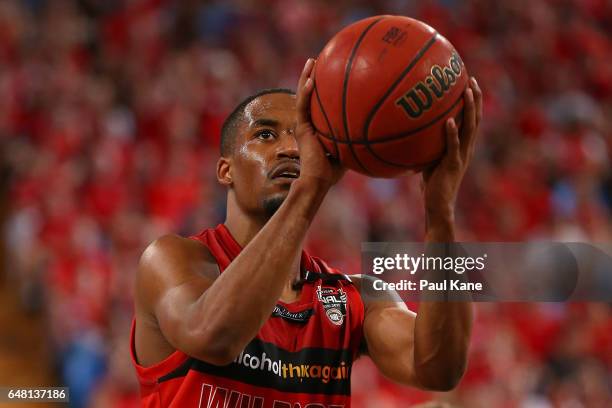 Bryce Cotton of the Wildcats shoots a free throw during game three of the NBL Grand Final series between the Perth Wildcats and the Illawarra Hawks...