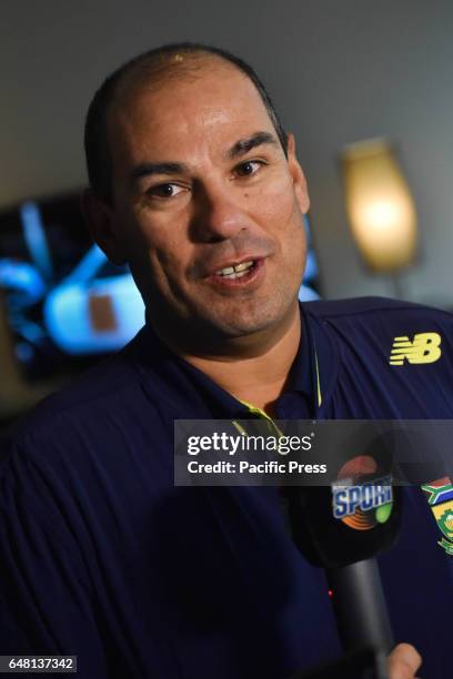 South Africa head coach Russell Domingo speaks to the media following his team's losing over South Africa at One Day International Cricket final...