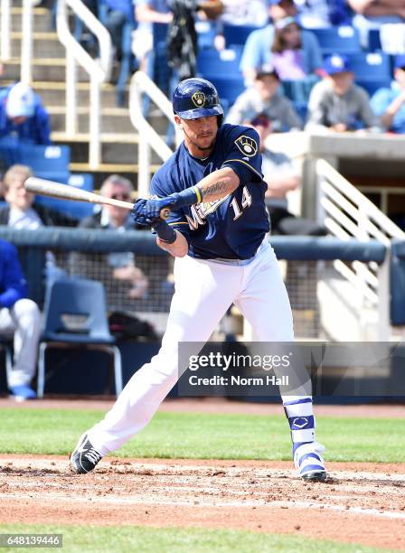 Hernan Perez of the Milwaukee Brewers swings at a pitch against the Kansas City Royals at Maryvale Baseball Park on February 28, 2017 in Phoenix,...