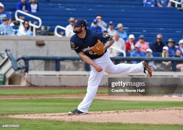 Joba Chamberlain of the Milwaukee Brewers delivers a pitch against the Kansas City Royals at Maryvale Baseball Park on February 28, 2017 in Phoenix,...