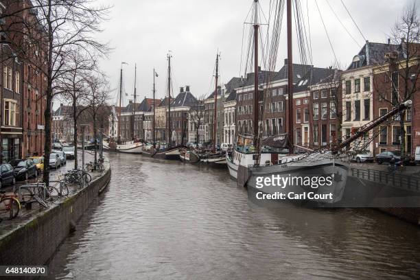 Boats are moored along a canal on February 23, 2017 in Groningen, Netherlands. The Dutch will vote in parliamentary elections on March 15 in a...