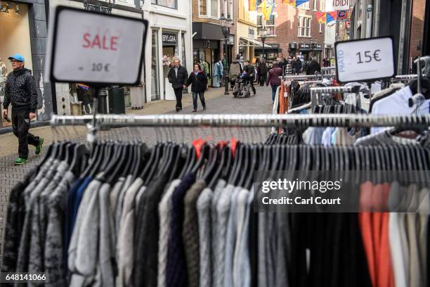 Clothes are displayed outside a shop on February 21, 2017 in Venlo, Netherlands. The Dutch will vote in parliamentary elections on March 15 in a...