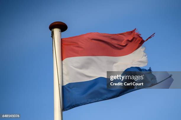 Dutch flag flies on the country's border with Germany on February 21, 2017 in Venlo, Netherlands. The Dutch will vote in parliamentary elections on...