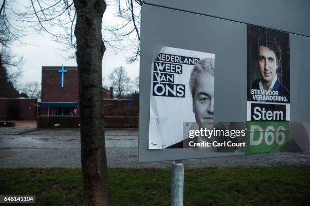 Political campaign poster for the far-right Party for Freedom is displayed on a signboard on February 23, 2017 in Delfzijl, Netherlands. The Dutch...