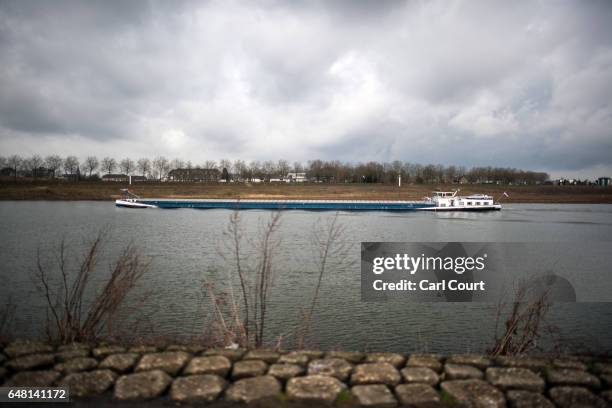 Barge is sailed along the Meuse river on February 21, 2017 in Venlo, Netherlands. The Dutch will vote in parliamentary elections on March 15 in a...