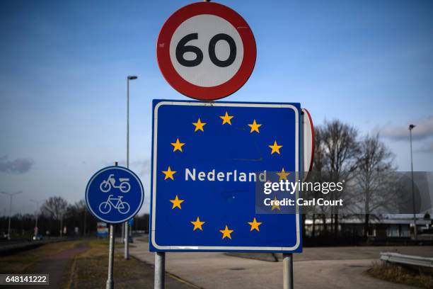 Sign indicating entry to the Netherlands is displayed on the Dutch border with Germany, on February 21, 2017 in Venlo, Netherlands. The Dutch will...