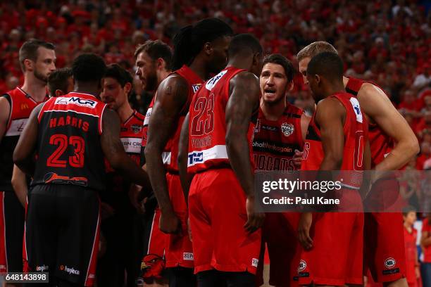 Damian Martin of the Wildcats addresses his players during game three of the NBL Grand Final series between the Perth Wildcats and the Illawarra...